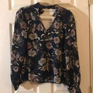Floral high neck button top with v neck